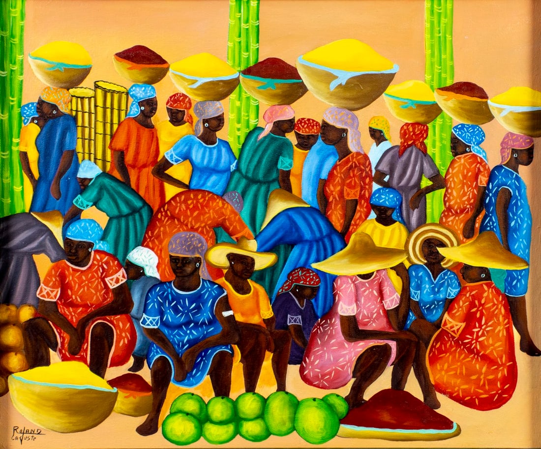 Roland Cajuste (Haiti,20C) oil painting: ARTIST: Roland Cajuste (Haitian, 20 century) TITLE: Haitian Market Scene MEDIUM: oil on canvas CONDITION: Few minor paint losses. Minor craquelure. No visible inpaint under