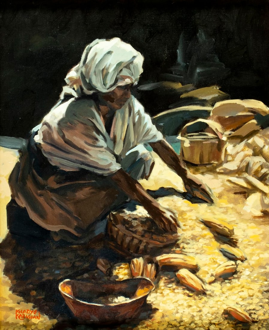 Gladys Kazigian (DC,FL,1923-2020) oil painting: ARTIST: Gladys Anne Kazigian (Washington DC, Florida, 1923 - 2020) TITLE: Black Woman Shucking Corn MEDIUM: oil on canvas CONDITION: Few minor paint losses mostly by the low