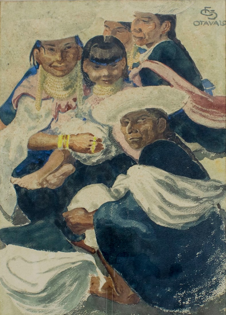 Carl Folke Sahlin (FL,Sweden,1884-1972) watercolor painting: ARTIST: Carl Folke Sahlin (Florida, Swedish, 1884 - 1972) TITLE: People from Otavalo, Ecuador MEDIUM: watercolor on paper CONDITION: One small tear to left edge. Minor foxin