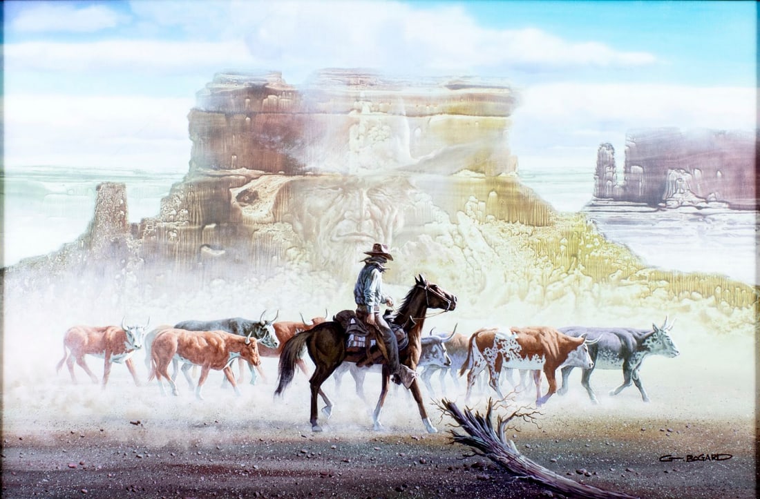 Gerald Bogard (US,20C) oil painting: ARTIST: Gerald Bogard (American, 20 century) TITLE: Cowboy Leading Herd MEDIUM: oil on canvas CONDITION: Few minor paint losses. Some craquelure. No visible inpaint under UV