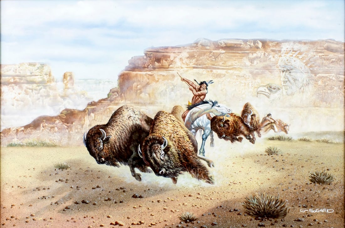 Gerald Bogard (US,20C) oil painting: ARTIST: Gerald Bogard (American, 20 century) TITLE: Buffalo Hunt MEDIUM: oil on canvas CONDITION: Overall good. No visible inpaint under UV light. ART SIZE: