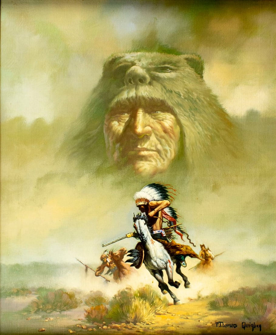 F Thomas Quigley (CA,1928-?) oil painting: ARTIST: F Thomas Quigley (California, 1928 - ???) TITLE: Indian Warriors on Horseback MEDIUM: oil on canvas CONDITION: Overall good. No visible inpaint under UV light.