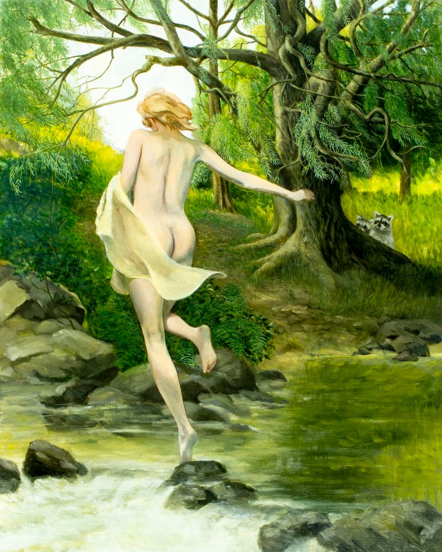 Rudolph Alden (NY,20C) oil painting: ARTIST: Rudolph Alden (New York, 20 century) TITLE: Nude Crossing Stream MEDIUM: oil on canvas CONDITION: Overall good. No visible inpaint under UV light. Normal wear to edg