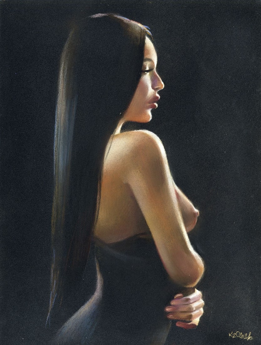 Olga Kuznezova (Ukraine,b 2000) pastel painting: ARTIST: Olga Kuznezova (Ukrainian, born 2000) TITLE: Nude MEDIUM: pastel on heavy paper CONDITION: Very good. ART SIZE: 9 x 7 inches / 23 x 18 cm