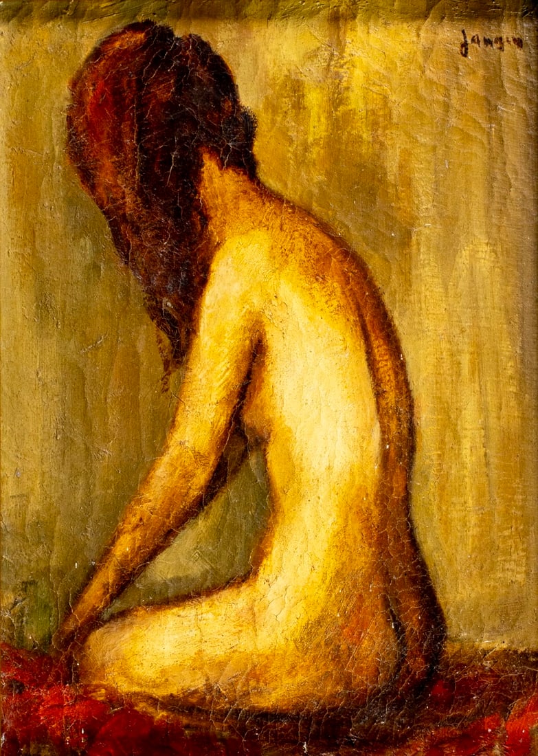 Daniel Jaugey (France,1929-?) oil painting: ARTIST: Daniel Janguey (French, 1929 - ???) TITLE: Seated Nude YEAR: 1968 MEDIUM: oil on canvas CONDITION: Few minor paint losses. Some craquelure. No vi