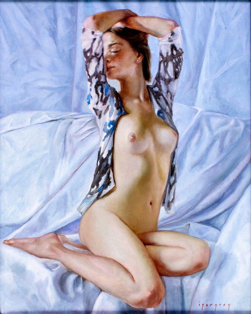 Igor Grey (Ukraine,b 1975) oil painting: ARTIST: Igor Grey (Ukrainian, born 1975) TITLE: Nude - Lazy Morning (titled on verso) YEAR: 2016 MEDIUM: oil on canvas CONDITION: Very good. No visible i