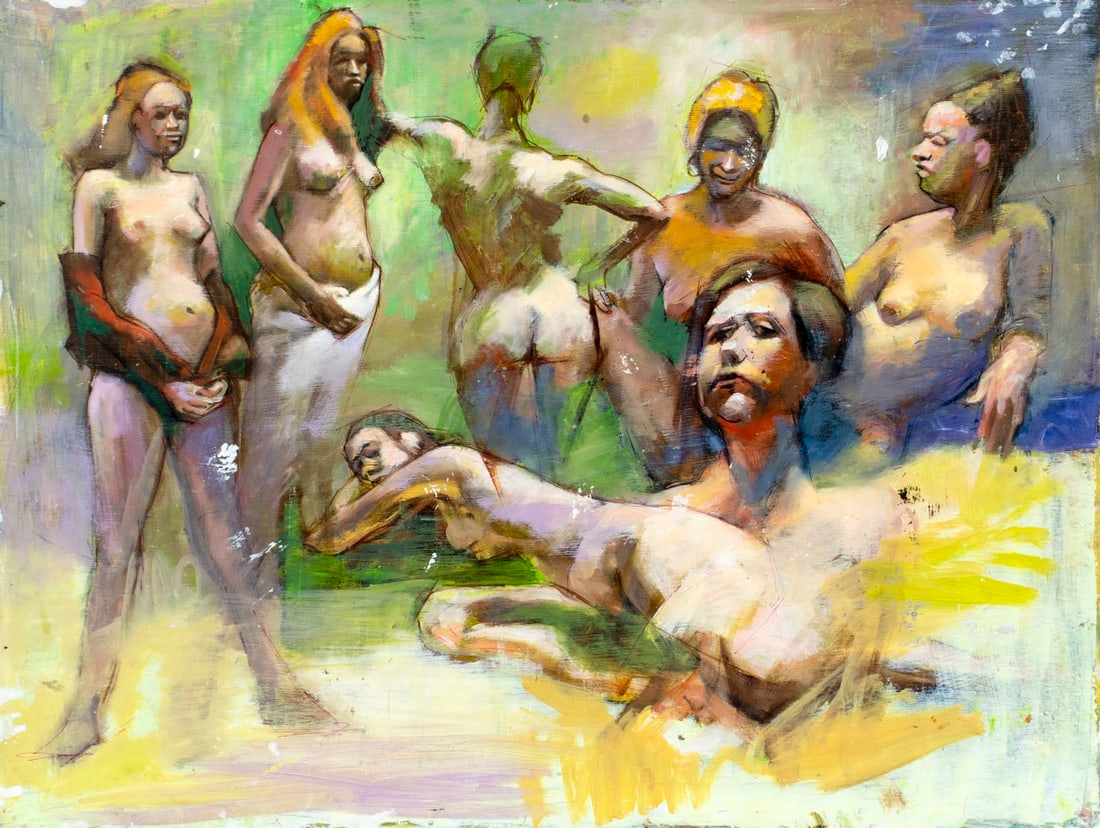 John Reilly (NY,NJ,1942-2021) oil painting: ARTIST: John Reilly (New York, New Jersey, 1942 - 2021) TITLE: Nudes MEDIUM: oil on board CONDITION: Minor damages to the lower edge. Some scratches/paint losses. No visible