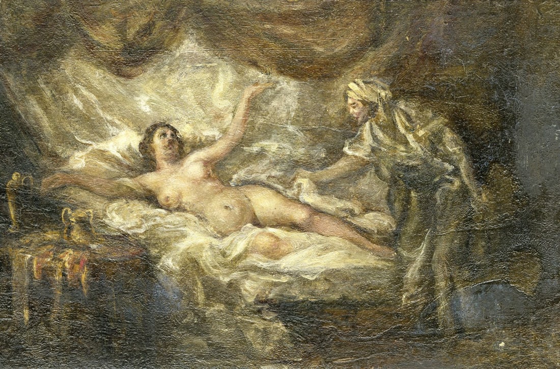 Antique early 20C European oil painting AFTER Jean Baptiste Greuze: ARTIST: - (Europe, early 20 century) AFTER Jean-Baptiste Greuze (France,1725-1805) TITLE: Egine ou Danae YEAR: 1906 MEDIUM: oil on board CONDITION: Few p