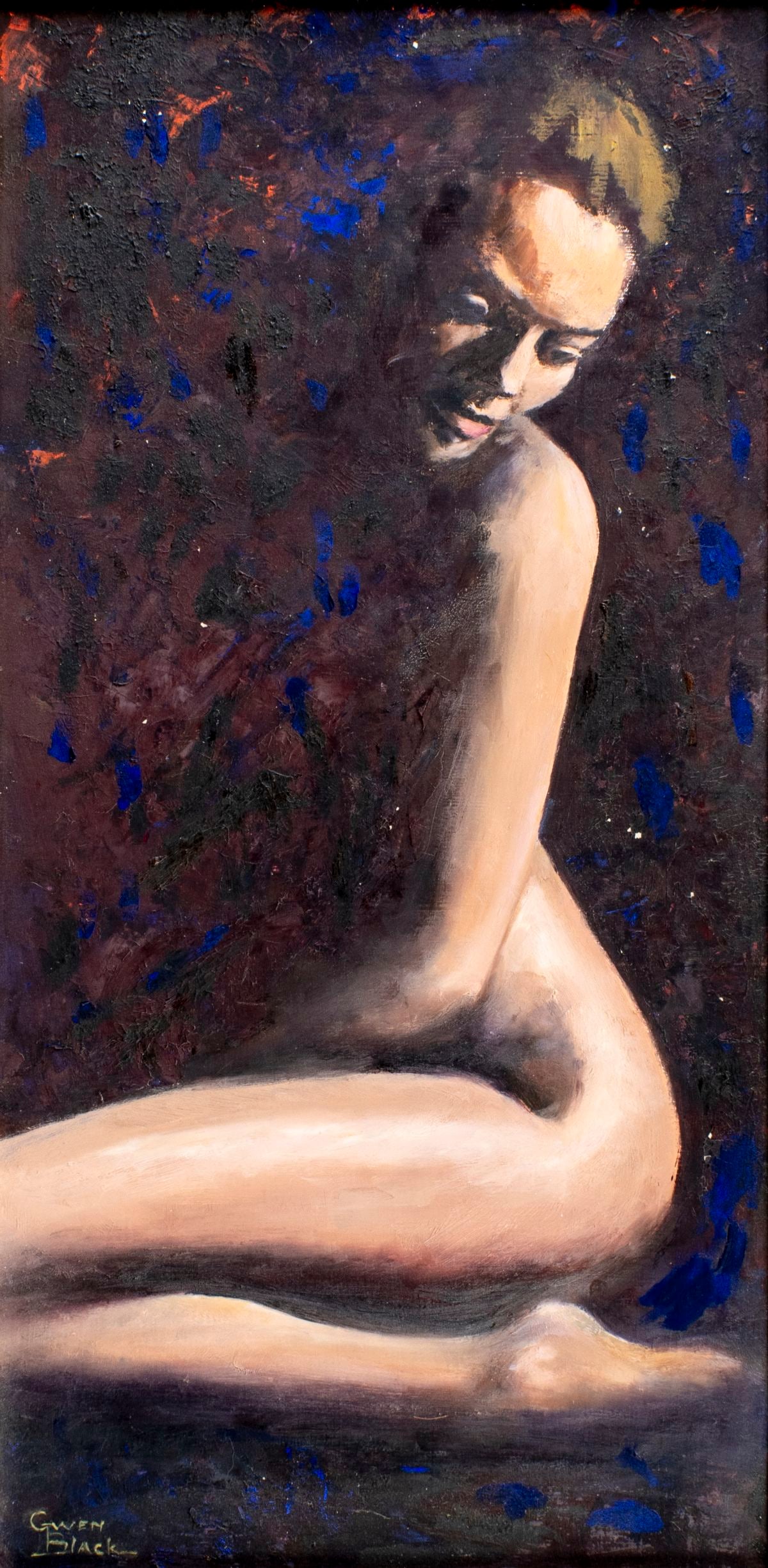 Gwen Black (NY,20/21C) oil painting: ARTIST: Gwendolyn Black (New York, 20/21 centuries) TITLE: Seated Nude MEDIUM: oil on board CONDITION: Some flaking/paint losses (see pictures carefully). Some craquelure. N