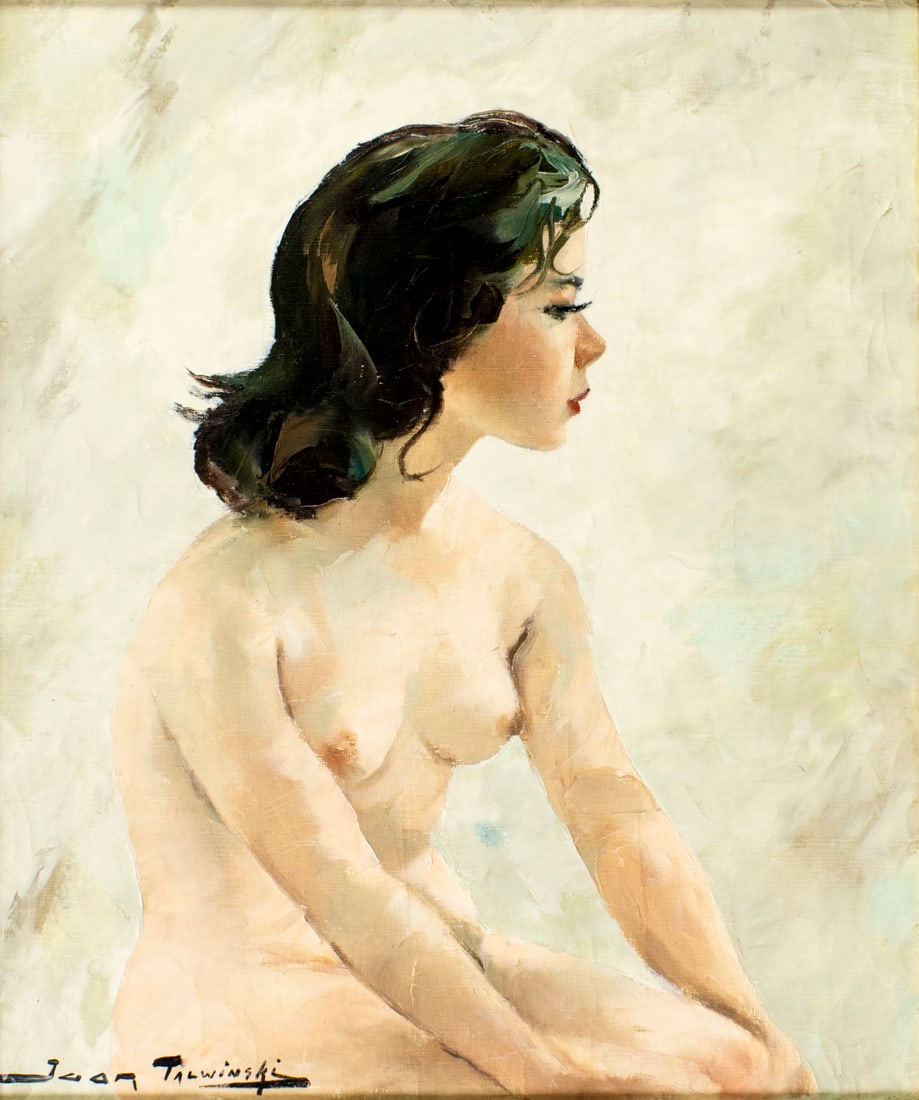Igor Talwinski (Poland,France,1907-1983) oil painting: ARTIST: Igor Talwinski (Polish, French, 1907 - 1983) TITLE: Seated Nude MEDIUM: oil on canvas CONDITION: Minor scratches/paint losses. Some craquelure. No visible inpaint un