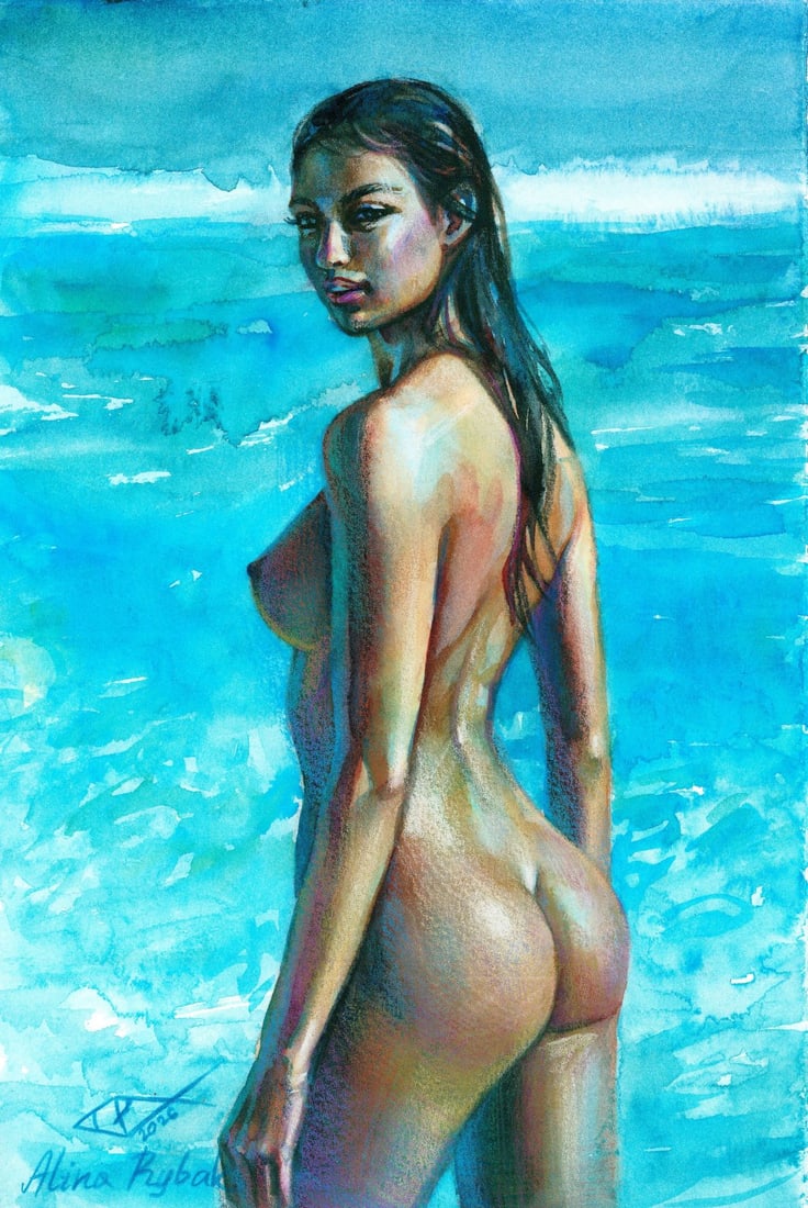 Alina Rybak (Ukraine,b 1996) watercolor painting: ARTIST: Alina Rybak (Ukraine, born 1996) TITLE: Nude at Beach MEDIUM: watercolor on heavy paper CONDITION: Very good. ART SIZE: 12 x 8 inches / 30 x 20 c