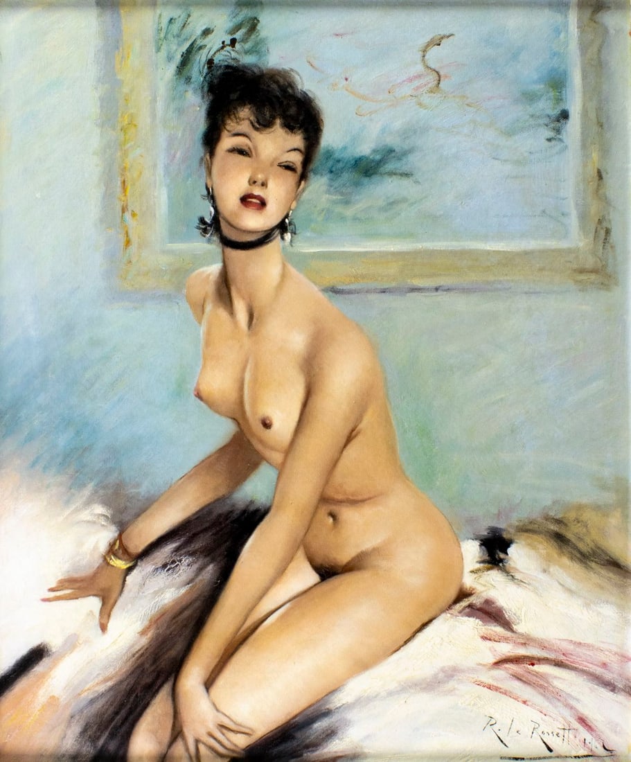 Roberto Le Rossett (France,early 20C) oil painting antique: ARTIST: Roberto Le Rossett (French, early 20C) TITLE: Seated Nude MEDIUM: oil on canvas. Canvas applied to board. CONDITION: Very good. No visible inpaint under UV light. We