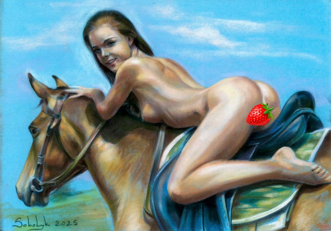 Vira Sokolyk (Ukraine,b 1999) pastel painting: ARTIST: Vira Sokolyk (Ukrainian, born 1999) TITLE: Nude on Horse MEDIUM: pastel on heavy paper CONDITION: Very good. ART SIZE: 8 x 12 inches / 20 x 30 cm