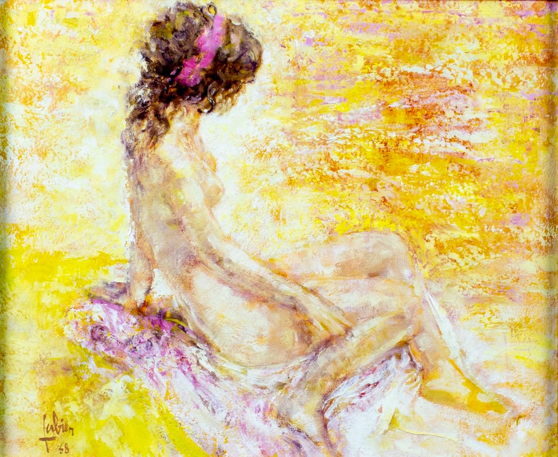 Louis Fabien (US,French,1924-2016) oil painting: ARTIST: Louis P Fabien (United States, Belgium, France, 1924 - 2016) TITLE: Seated Nude YEAR: 1968 MEDIUM: oil on canvas CONDITION: Very good. No visible