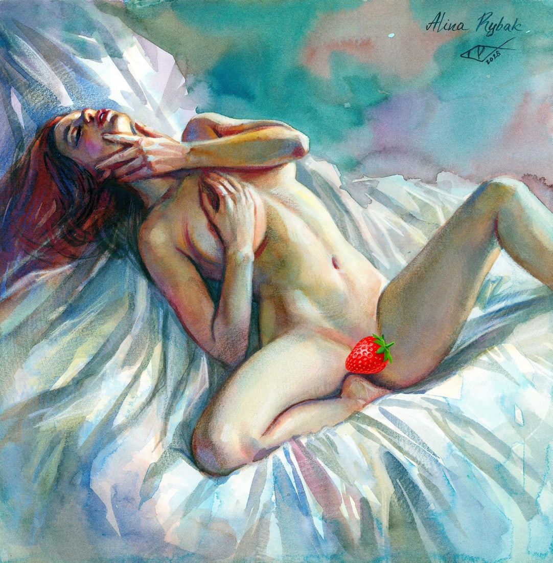 Alina Rybak (Ukraine,b 1996) watercolor painting: ARTIST: Alina Rybak (Ukraine, born 1996) TITLE: Reclining Nude MEDIUM: watercolor on heavy paper CONDITION: Very good. ART SIZE: 12 x 12 inches / 30 x 30