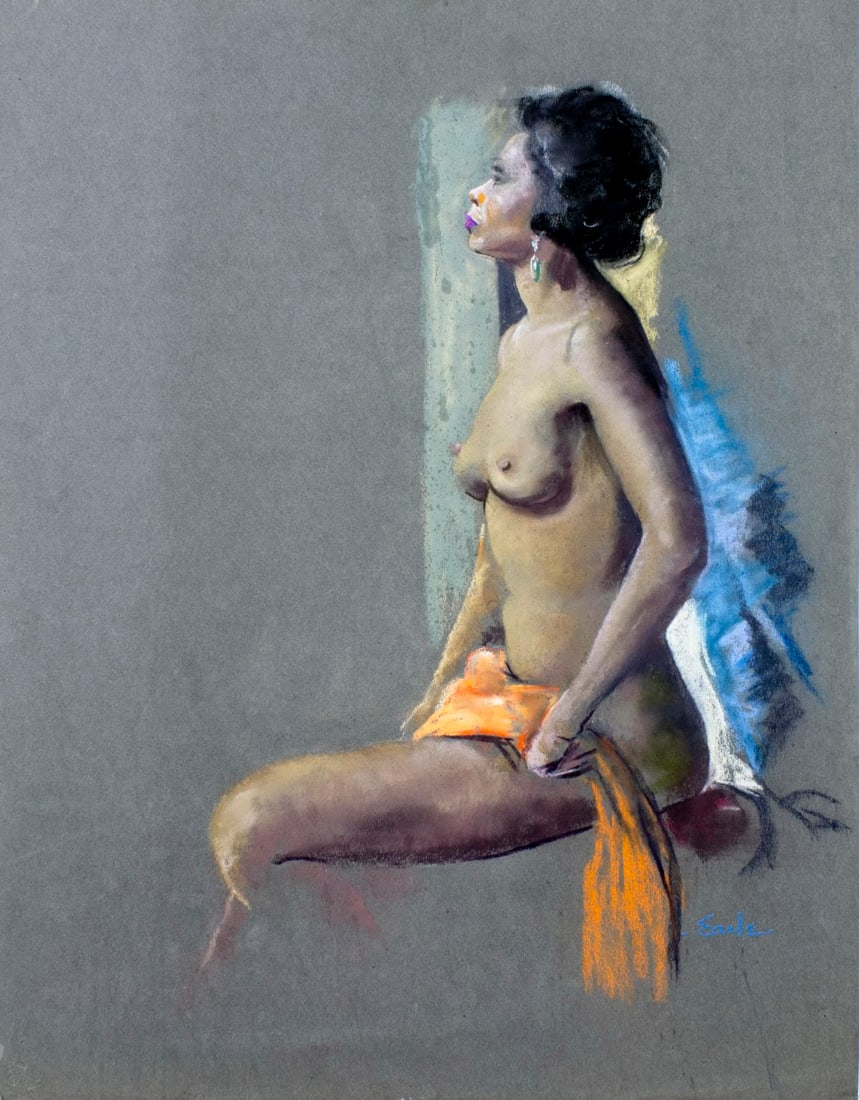 Maurice James Earle (NJ,1905-?) pastel painting: ARTIST: Maurice James Earle (New Jersey, 1905 - ???) TITLE: Nude MEDIUM: pastel on heavy paper CONDITION: Minor damage to lower right corner. ART SIZE: 2