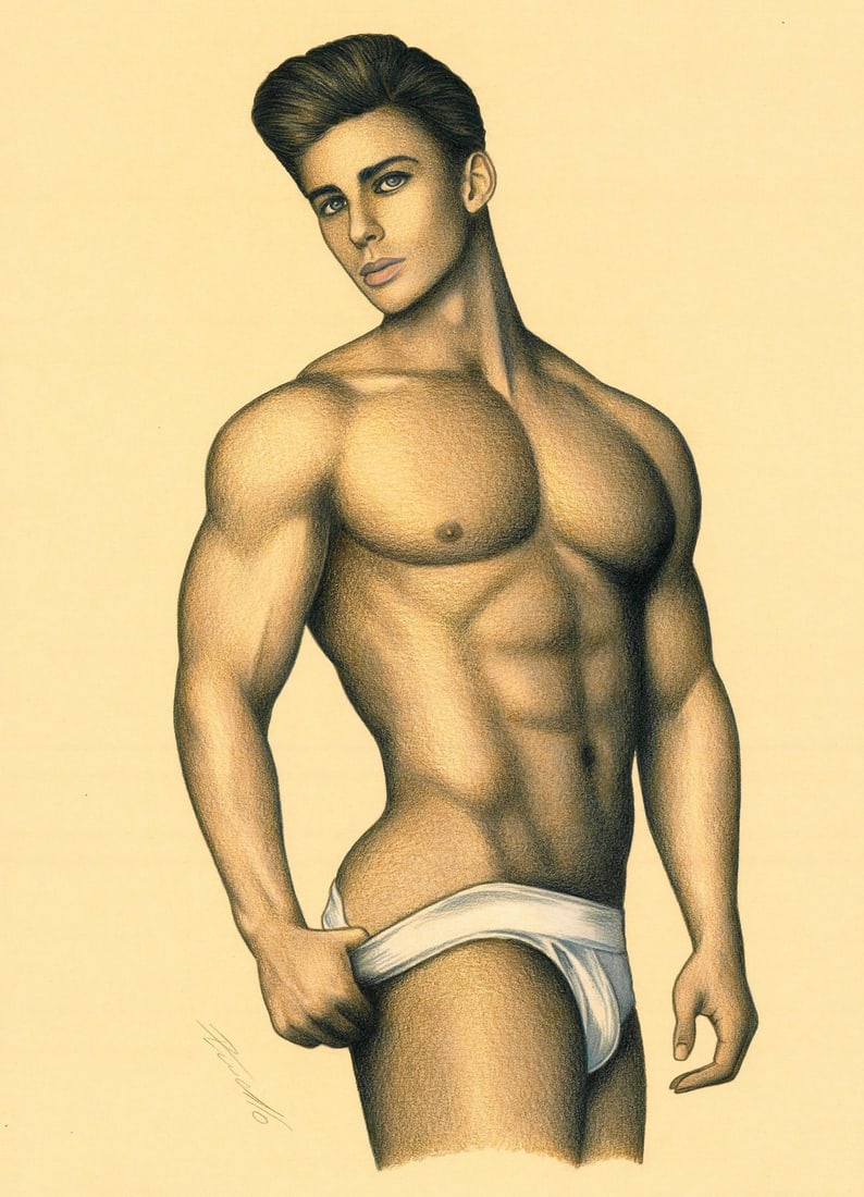 Rene Prudlo (German,b 1974) colored pencil painting: ARTIST: Rene Prudlo (Germany, born 1974) TITLE: Male Nude MEDIUM: colored pencil on heavy paper CONDITION: Very good. ART SIZE: 12 x 8 inches / 30 x 20 c