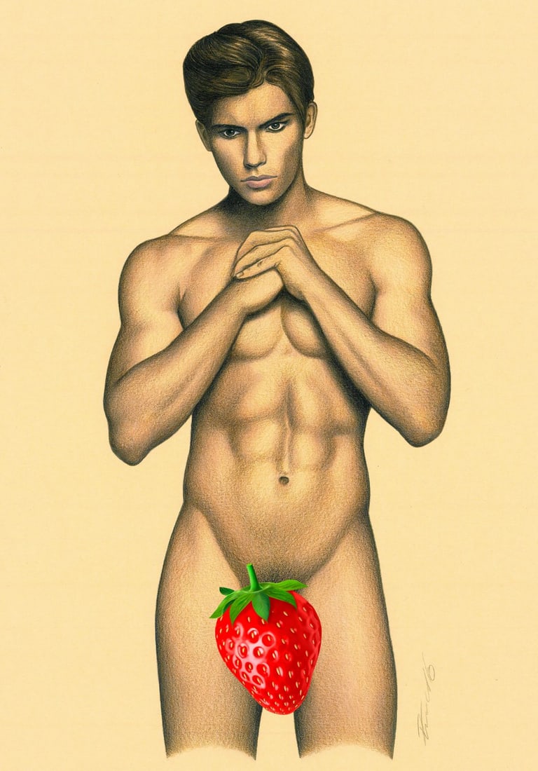 Rene Prudlo (German,b 1974) colored pencil painting: ARTIST: Rene Prudlo (Germany, born 1974) TITLE: Male Nude MEDIUM: colored pencil on heavy paper CONDITION: Very good. ART SIZE: 12 x 8 inches / 30 x 20 c