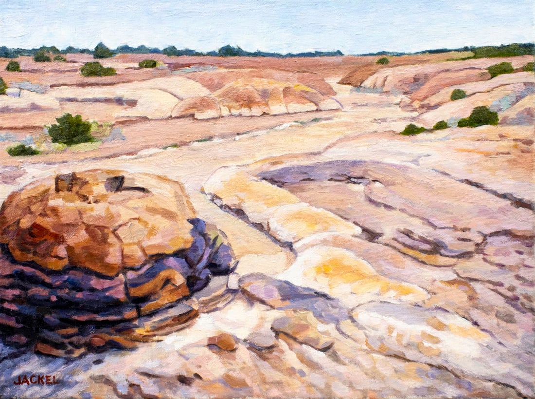 Janet Jackel (NM,20/21C) oil painting: ARTIST: Janet Jackel (New Mexico, 20/21 centuries) TITLE: Desert Landscape MEDIUM: oil on canvas CONDITION: Very good. No visible inpaint under UV light. ART SIZE: 12 x 16 inches / 30 x 41 cm FRAME SI