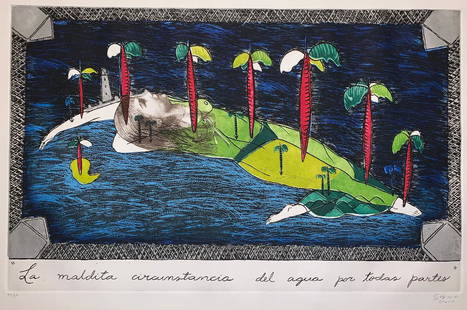 Sandra Ramos.(1949): La Maldita Circunstancia del Agua Por Todas Partes (The Damned Circumstance of Water Everywhere) BY Sandra Ramos.Year: 2003Medium: Aquatint etching 44/50Period: Contemporary ArtSigned: On bottom