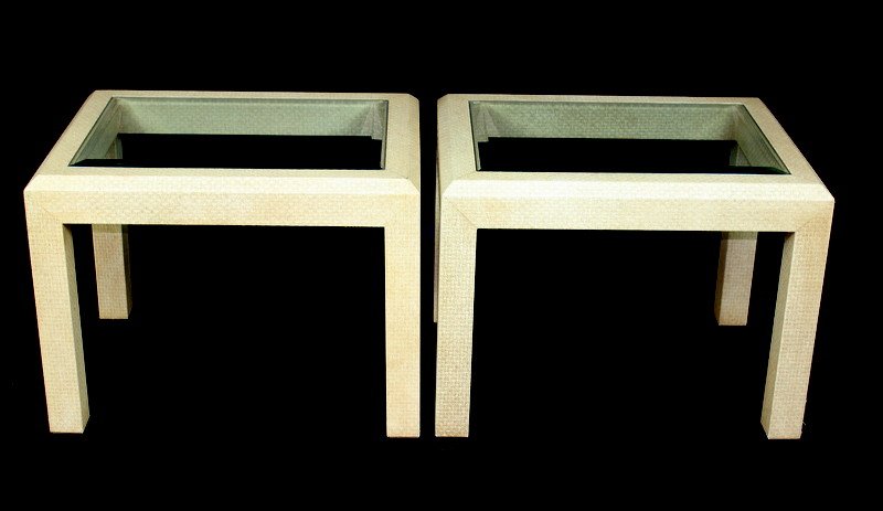 PAIR OF BEIGE LACQUERED END TABLES (1 of 2)