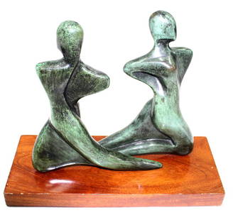 Signed Modern Bronze Sculpture: Signed Modern Bronze Sculpture. Features two people. bronze. mounted on wooden base. Signed. see photos. Measures 13 inches h x 15 inches long 6 1/4 inches wide. Shipping third party.