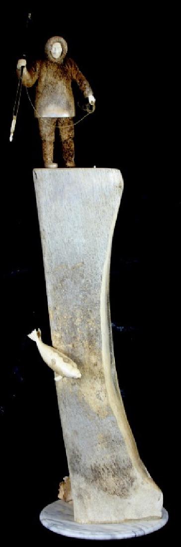 Large, Whale Bone, Mammoth, Carving Sculpture: Large, Whale Bone, Mammoth, Carving sculpture. Eskimo Fishing. Measures 51 inches high x 12 inches dia at base.