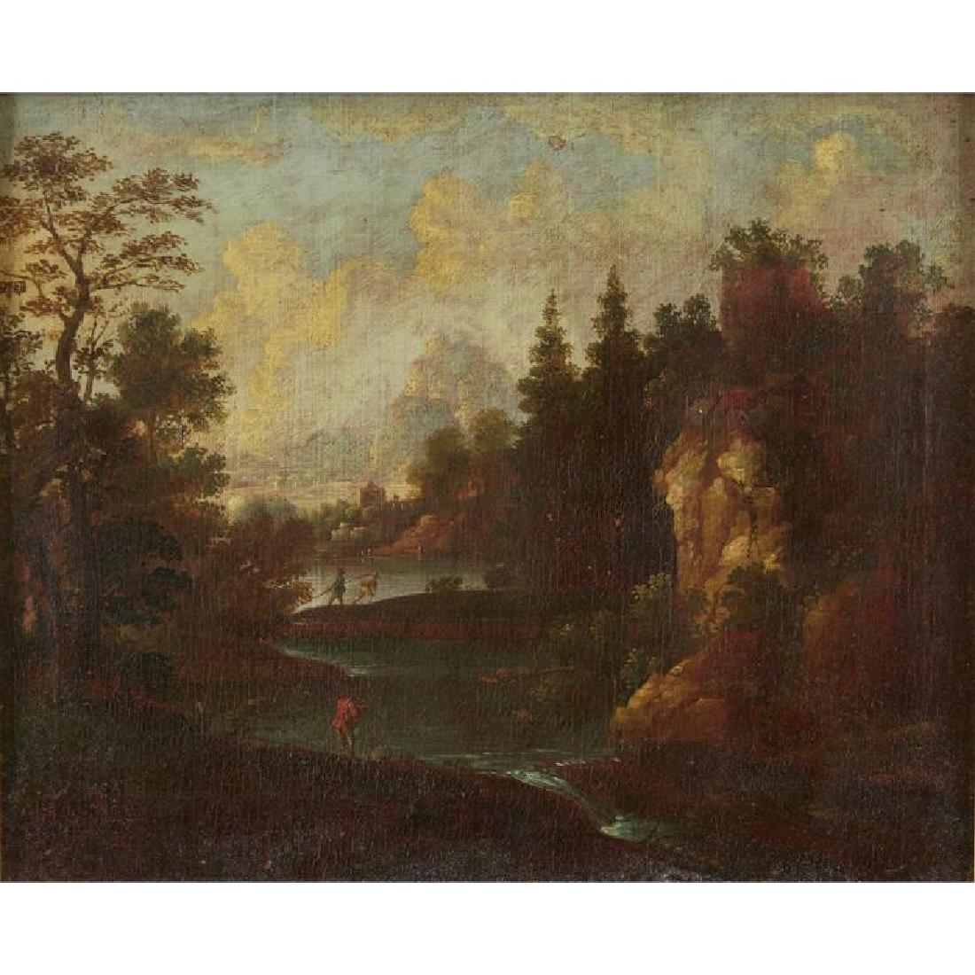 DUTCH SCHOOL - ITALIANATE: DUTCH SCHOOL - ITALIANATE (17th-18th century) EXTENSIVE LANDSCAPE WITH FISHERMAN AND VILLA Oil on canvas 13 3/4 x 16 7/8 in. (34.9 x 42.9cm) provenance: Private Collection, Florida.