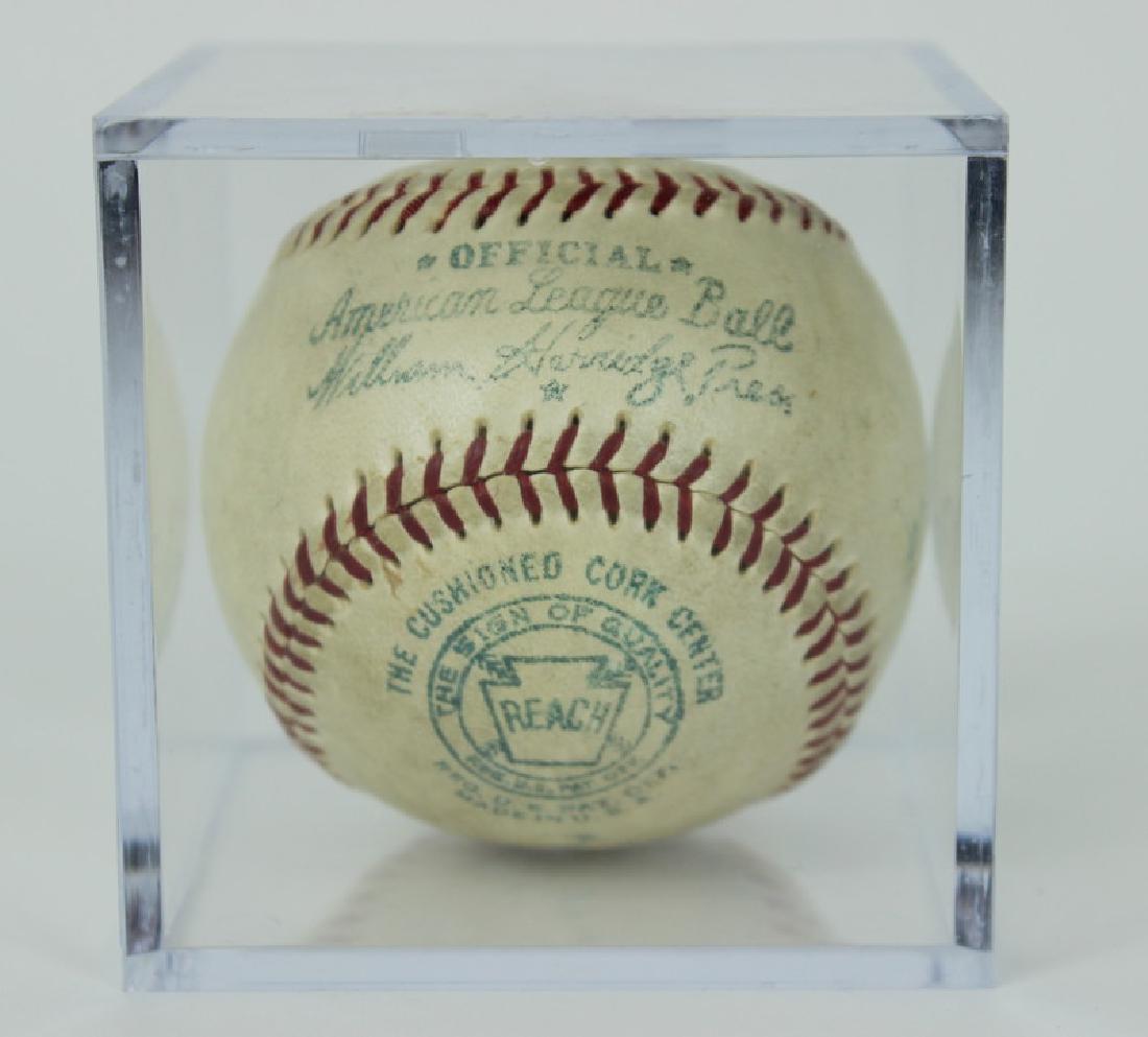 NY Yankee's, Mickey Mantle, signed baseball 1950's: New York Yankee's signed baseball. Circa 1950's. This ball has 9 signatures. Some of the signatures on the ball are Mickey Mantle, Whitey Ford, and Reynolds. The baseball itself reads Official, Americ