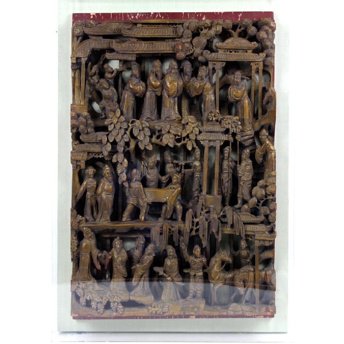 CHINESE CARVED WOOD GILT PAINTED PLAQUE (1 of 4)