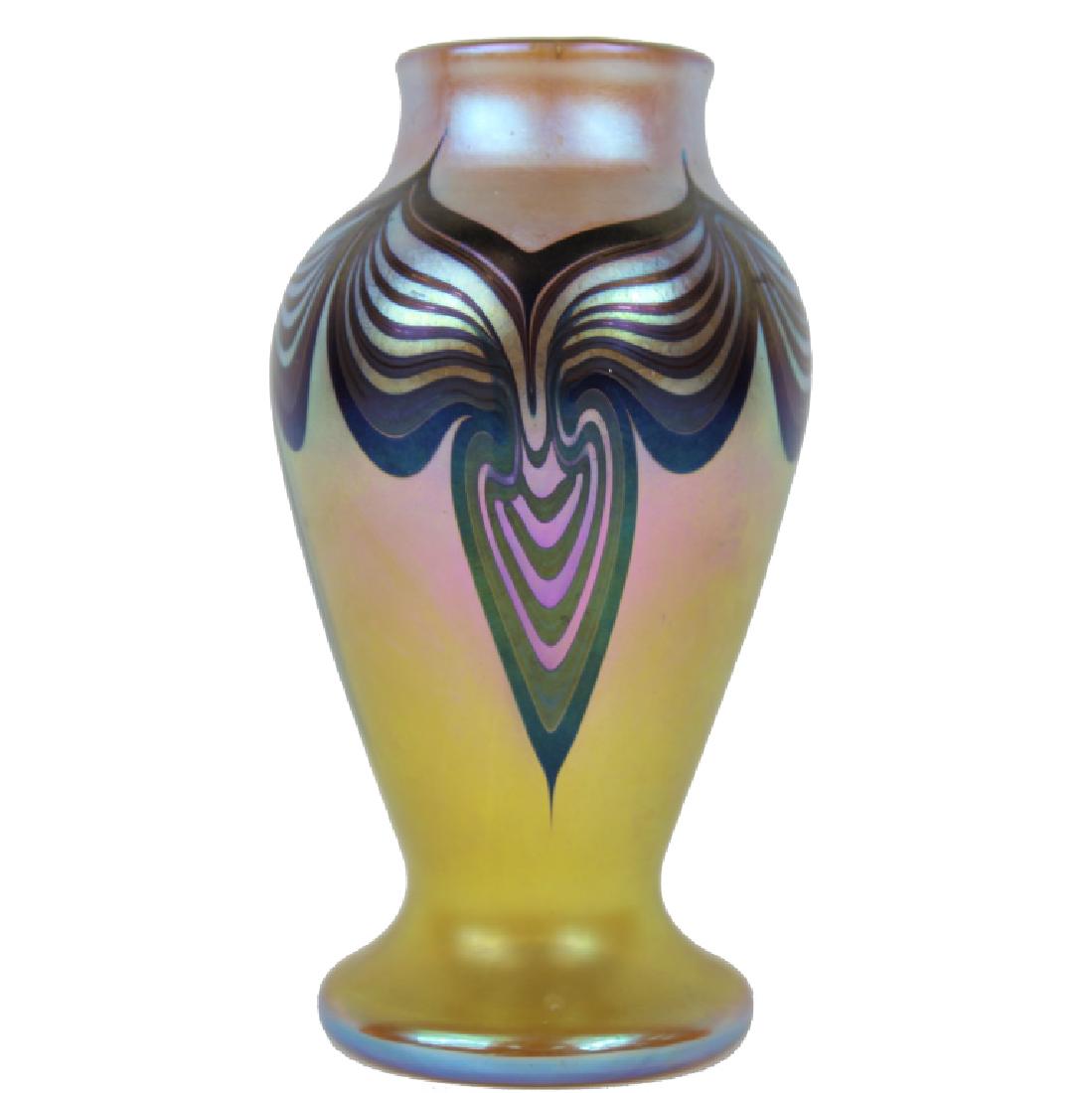 IRIDESCENT ORIENT & FLUME ART GLASS VASE, SIGNED: Iridescent Orient & Flume Art Glass Vase. Signed on base 'Orient & Flume Dated May 6, 1977'. Overall good condition. Approximate Measurements: 6 3/4 in. H x 3 7/8 in. W See Photos.