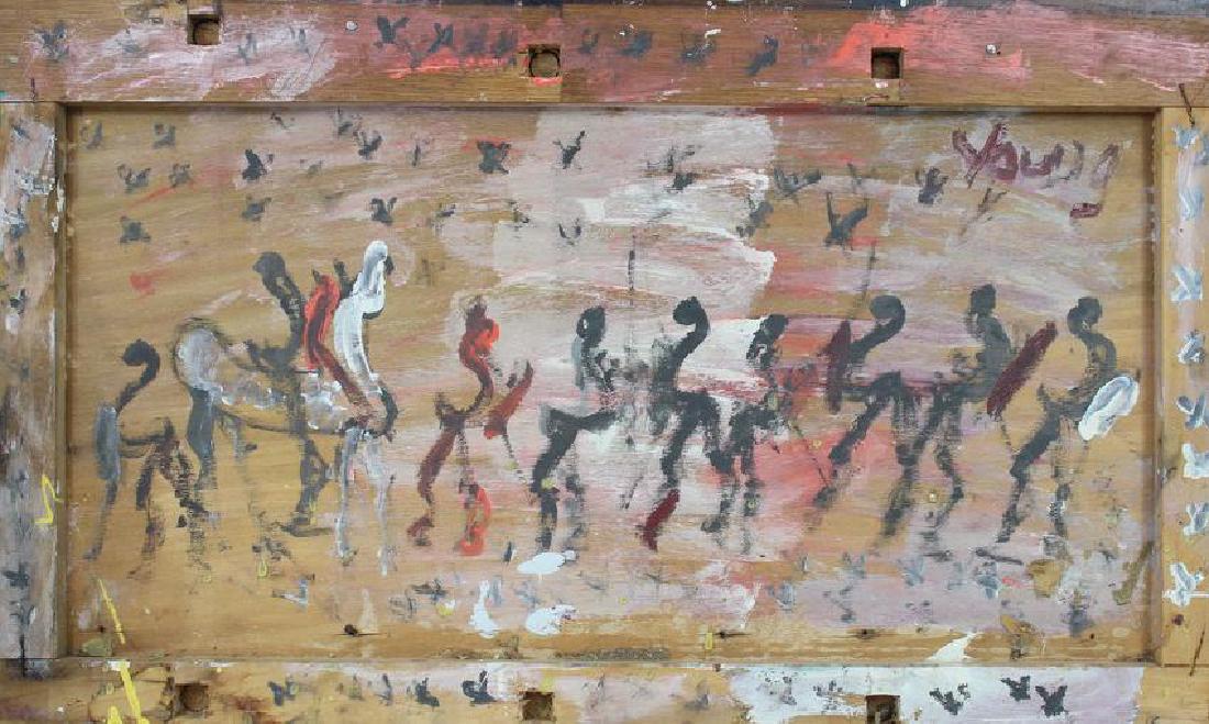 PURVIS YOUNG (AMERICAN 1943-2010): PURVIS YOUNG (AMERICAN 1943-2010) circa 1980's "McDuffie Riot" Nails through out. Nice colors. Measures 17 1/4 inches high x 29 inches wide x 1 inch deep.