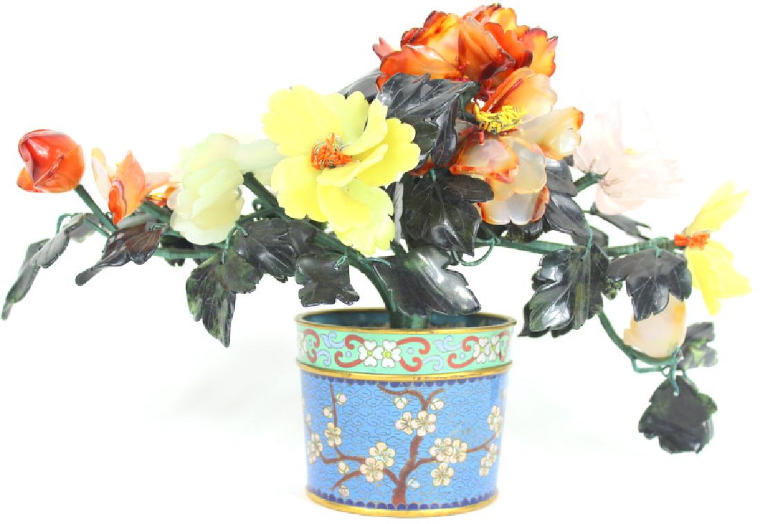 VINTAGE, CLOISONNE FLOWER POT WITH JADE FLOWERS (1 of 3)