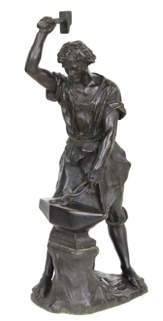 EDOUARD DROUOT (FRENCH 1859-1945) "BLACKSMITH": EDOUARD DROUOT (FRENCH 1859-1945) "BLACKSMITH" Bronze. Heavy. Nice quality. hands. Feet. See photos. Untouched. Signed. VERY FINE patina. Measures 18 inches high x 8 inches wide x 4 inches deep.