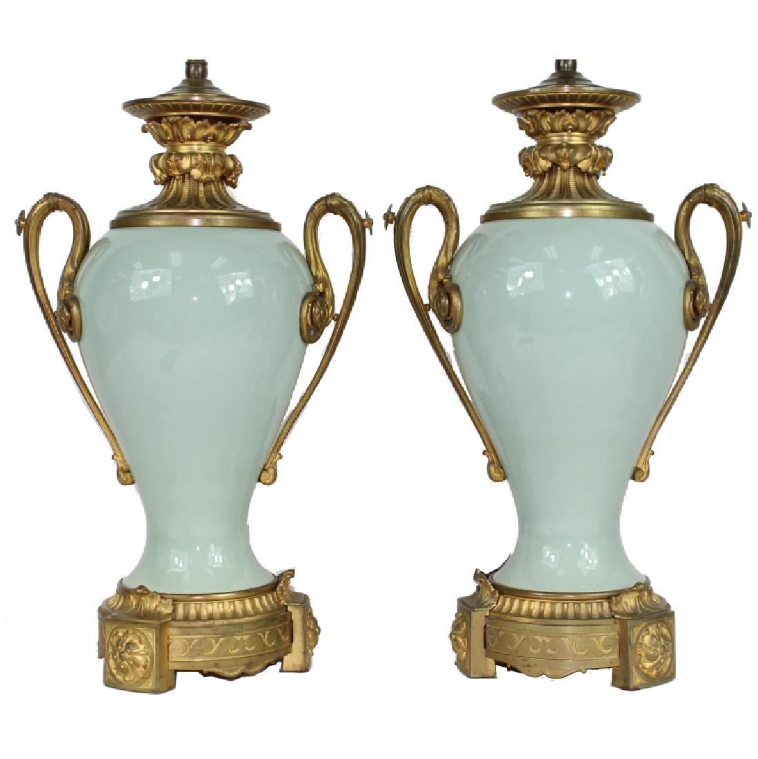 PAIR CHINESE CELADON PORCELAIN LAMP FRENCH BRONZE (1 of 7)