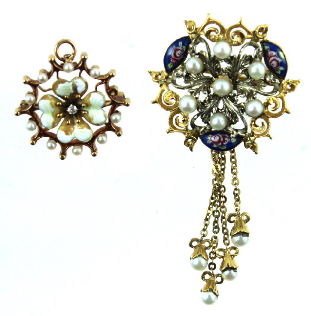 (2) PEARL ENAMEL & DIAMOND BROOCH PENDANTS (1 of 2)