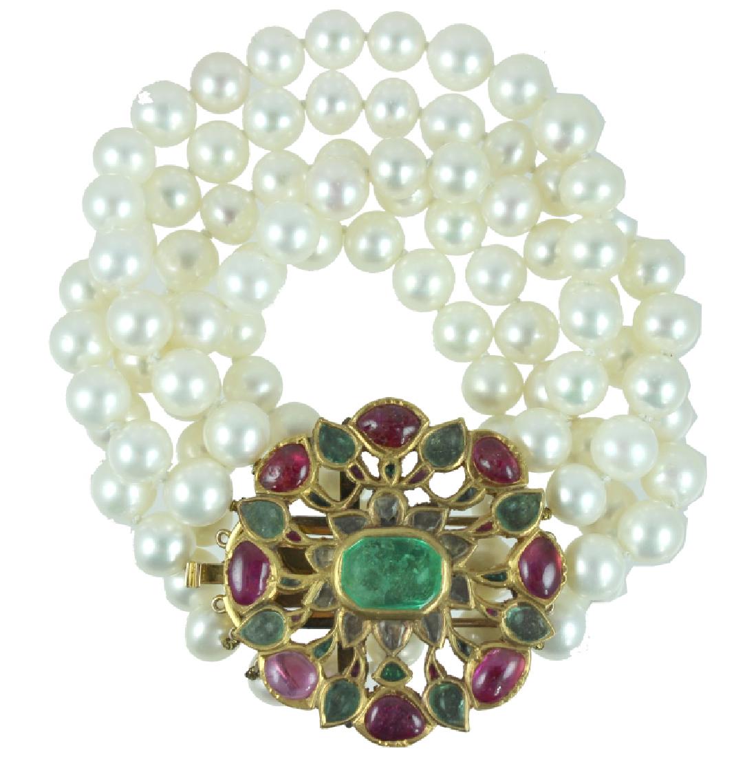18K INDIAN RUBY EMERALD & PEARL BRACELET (1 of 1)