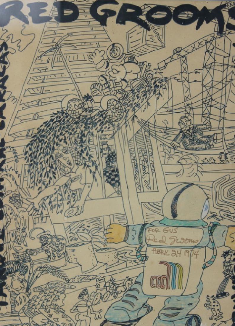 Red Grooms, American (b. 1937) "For Gus": Red Grooms, American (b. 1937) "For Gus" April 24 1974. Work on paper. Measures 25 3/4 inches high x 19 1/2 inches wide. approx. Marker/crayon on paper. Signed. See photos.