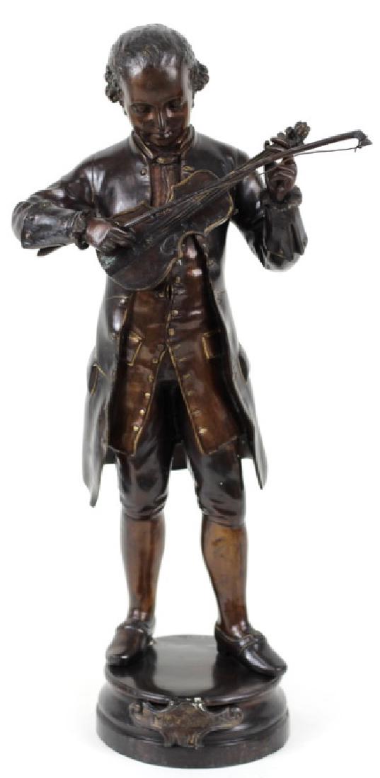 Antique French Bronze Sculpture of Young Mozart: 19th Century French bronze sculpture of an adolescent Mozart playing the Violin. Signed L. Gregoirey. Measures 24-1/2" Tall x 12" Wide. Total weight: 24.5 lbs. From a Miami Beach estate. Local Pick Up