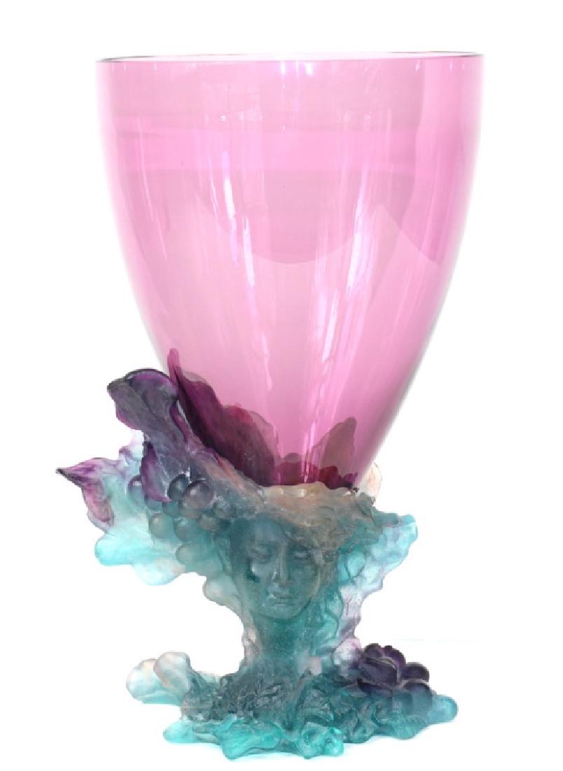 20th C Daum Pate de Verre Bacchus Glass Vase: Daum violet French crystal center vase atop a pate de verre cast molded base of Bacchus the Roman God of wine. Signed Daum France underneath to base. Measures: 14" Tall x 8" in diameter. Estate Fresh: