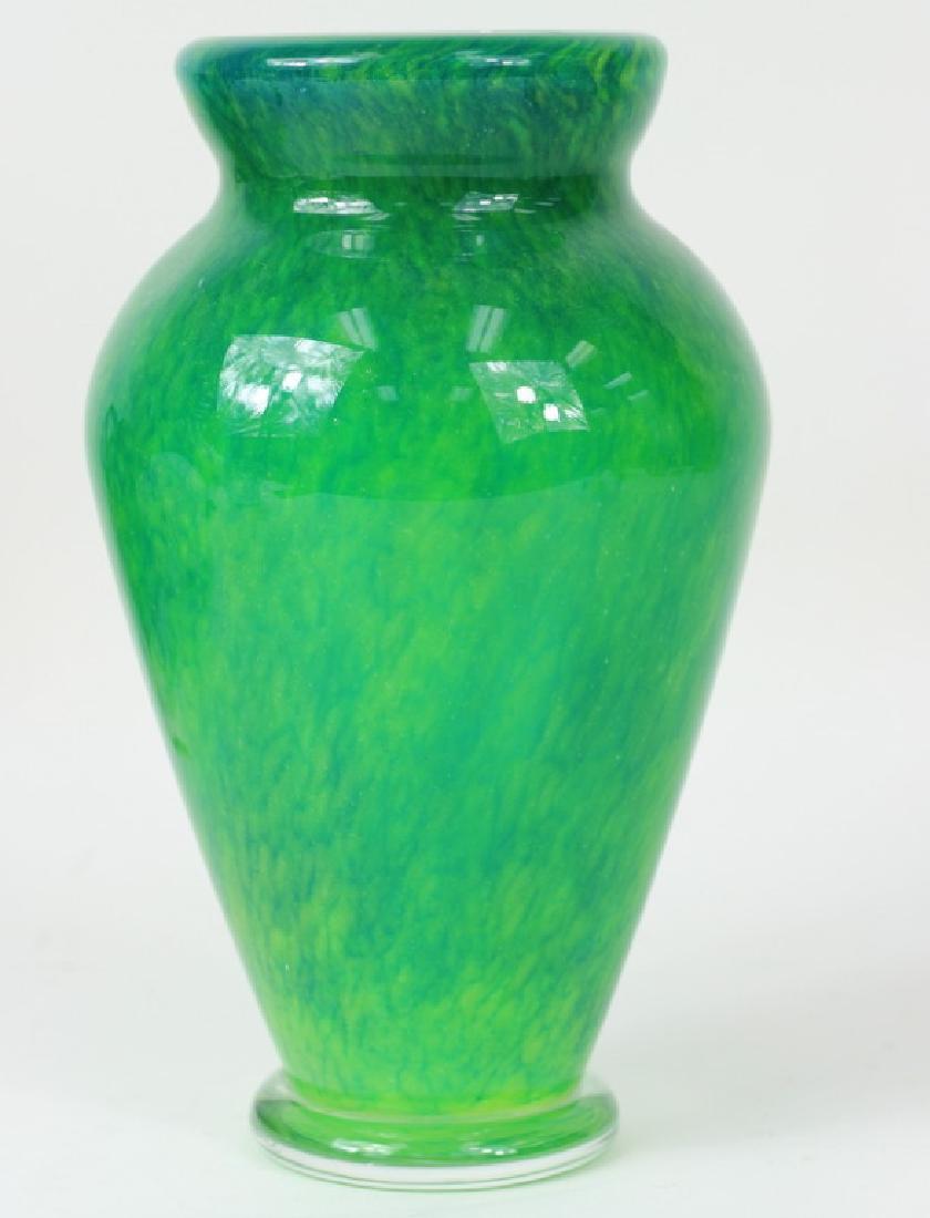 20th C. Daum France Apple Green Art Glass Vase: Large & heavy 20th century Daum French apple green art glass vase. Signed "Daum France" to bottom rim. Measures 12" Tall. From a Miami Beach estate. Overall Good Condition. Local Pick Up or Third Part