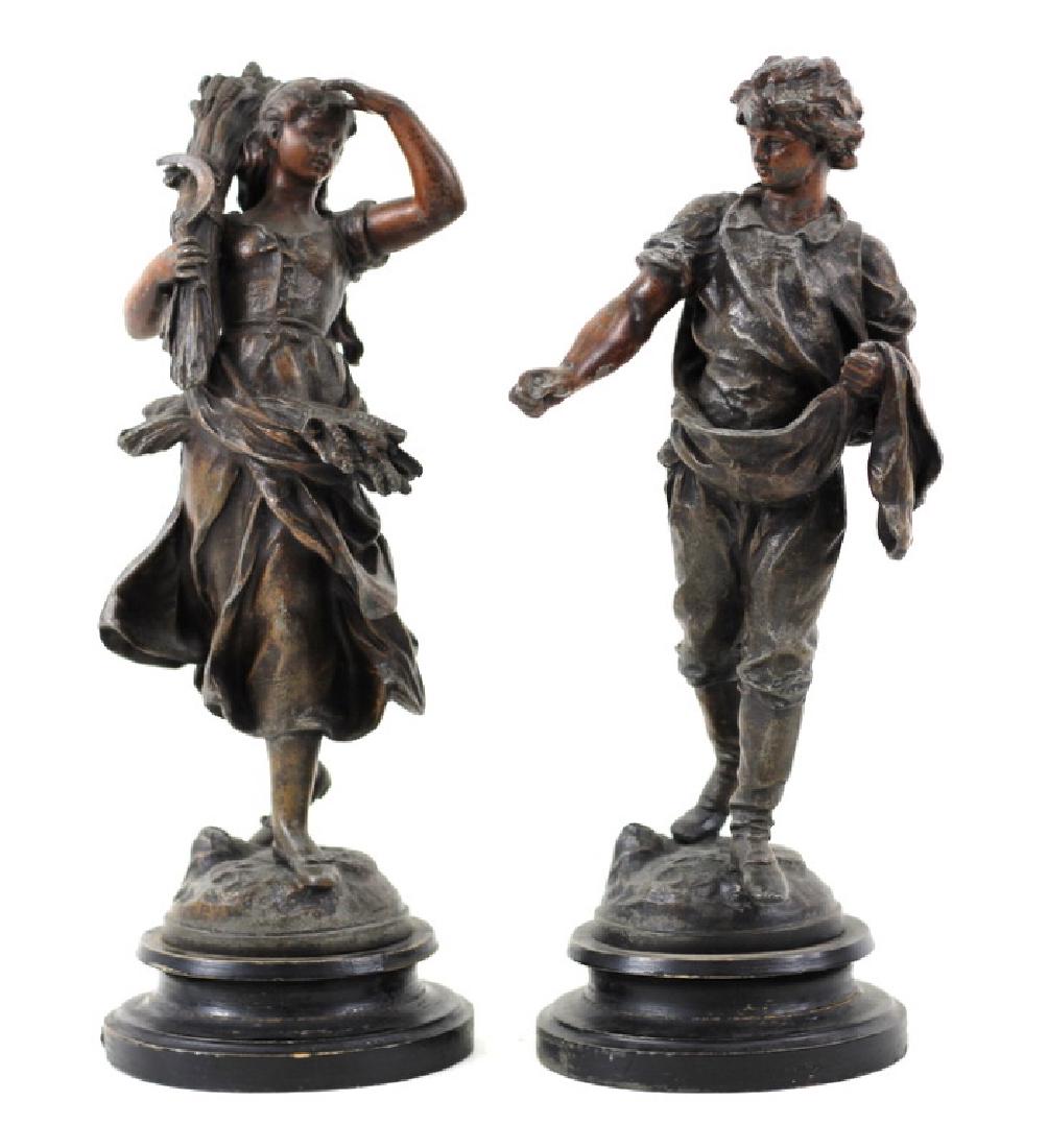 Pair of French Mixed Metal Boy & Girl Harvesters: Circa: Late 19th/Early 20th Century. Mounted atop wooden bases. Unsigned. Each measures approx. 15" Tall. From a Miami Beach estate. Local Pick Up or Third Party Shipping Required.