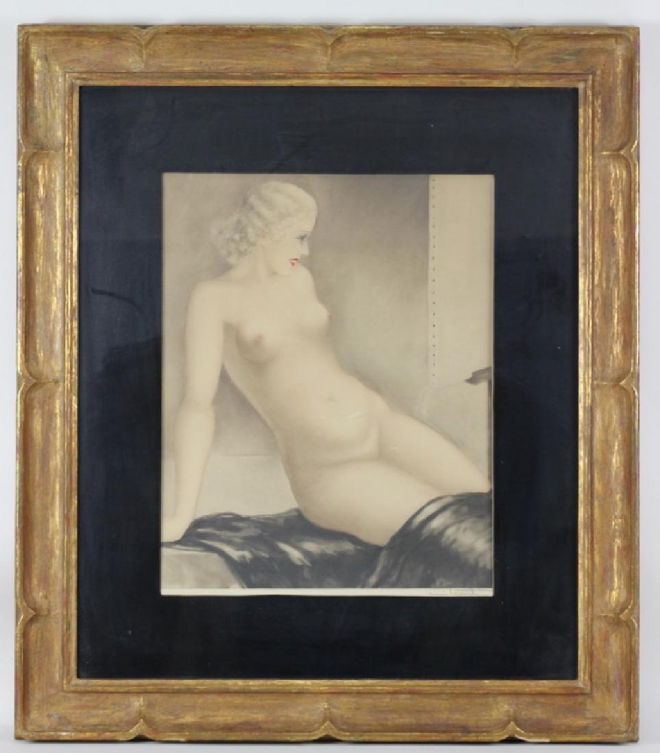 Original Louis Icart Nude Study Copper Engraving: Louis Icart (French, 1888 - 1950); 1932 copper plate engraving on paper titled 'My Model', in depiction of a seated nude female. Pencil signed in lower right. Embossed windmill stamp in lower left. "C