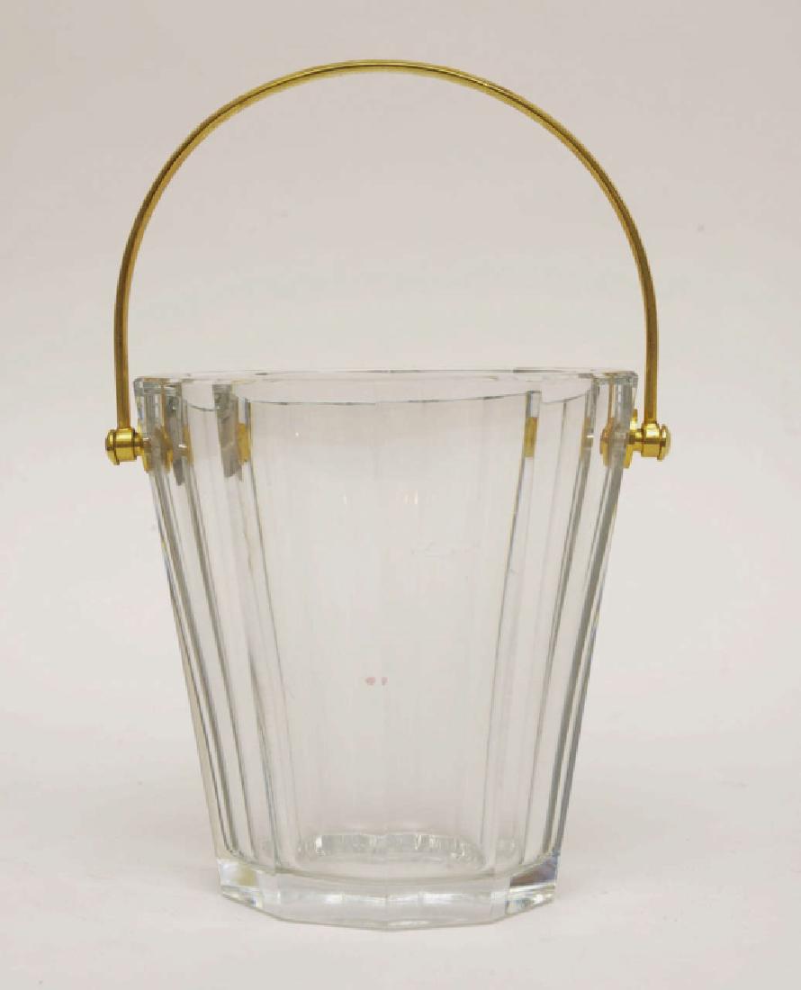 Baccarat French Lead Glass Ice Bucket: Signed Bacarrat to side & bears acid etch mark underneath base. Measures 6" Tall x 6" in Diameter + 3-1/2" Handle. From a Miami Beach estate. Local Pick Up or Third Party Shipping Required.