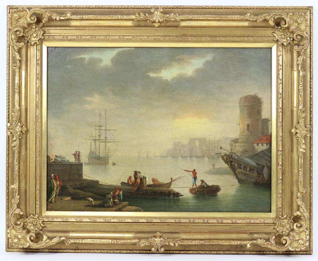 Antique 19th C Harbor Scene Oil Painting On Canvas (1 of 5)