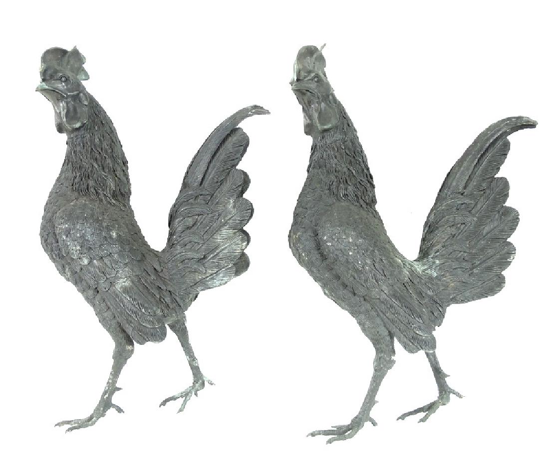 Pr of Life Size Heavy Mixed Metal Rooster Figures (1 of 5)