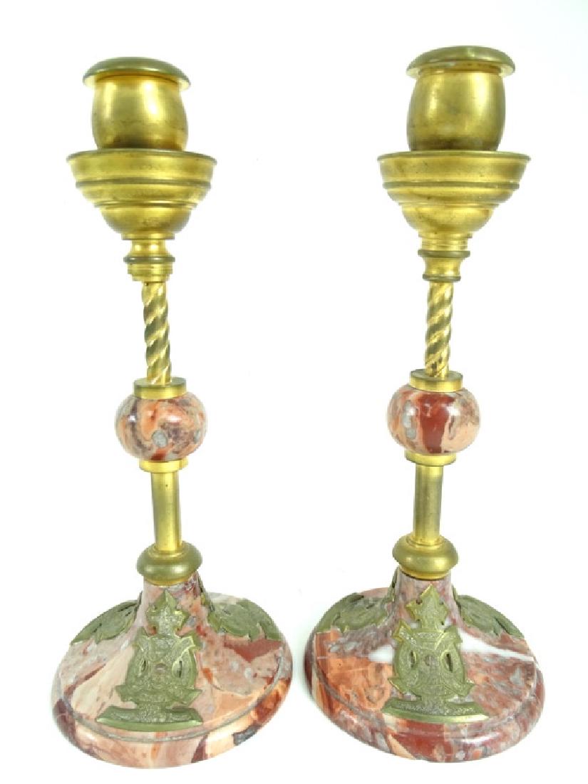 Pair of Antique Rouge Marble & Brass Candlesticks (1 of 4)