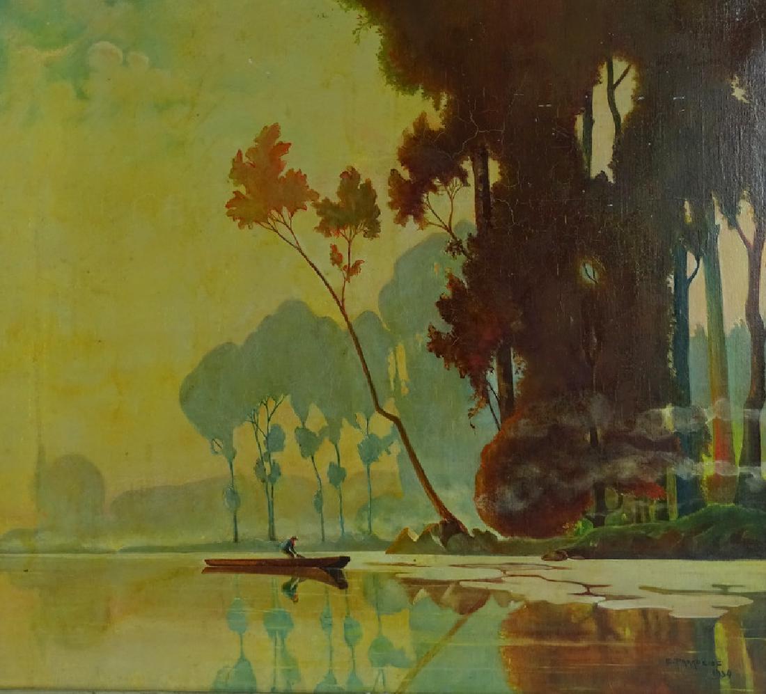 Signed 20th C. Lake Scene Oil Painting On Canvas (1 of 4)