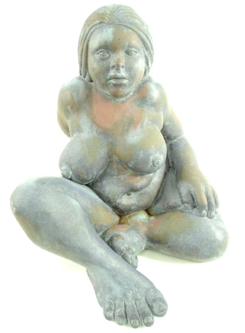 Signed Botero Style Nude Bronze Garden Sculpture: Signed & dated illegibly to leg. Measures approx. 15" Tall x 13" Wide x 15" Deep. From a Palm Beach estate. Local Pick Up or Third Party Shipping Required.