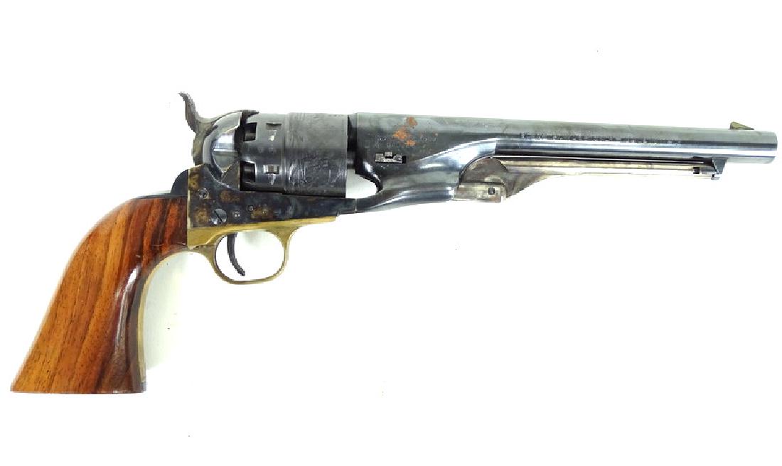 19th C. Italian .44 Caliber Black Powder Hand Gun: Model 860 Army pistol designed with wooden handle & scrolled navy battle ship scene to cylinder. Inscribed "Engaged 16 May 1843" "Black Powder Only - Made In Italy". 8" barrel. From a Miami Beach esta